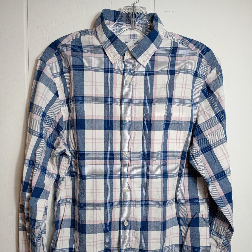 Old Navy Mens M Pink Blue White Plaid Button Down Everyday Shirt Built-In Flex